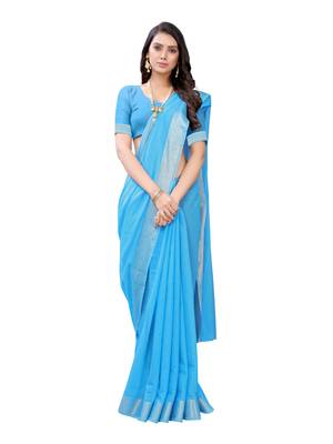 Blue woven cotton saree with blouse 4