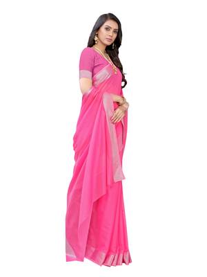 Pink woven cotton saree with blouse 4
