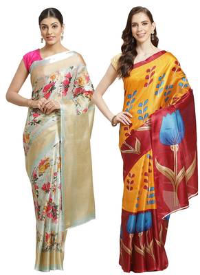 Multicolor printed art silk saree with blouse 1