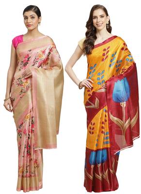 Multicolor printed art silk saree with blouse 1