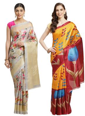 Multicolor printed art silk saree with blouse 1