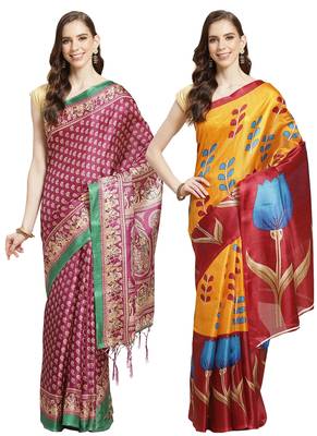 Multicolor printed art silk saree with blouse 1