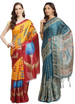 Multicolor printed art silk saree with blouse 1