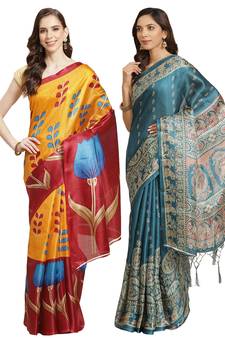 Multicolor printed art silk saree with blouse