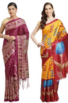 Multicolor printed art silk saree with blouse