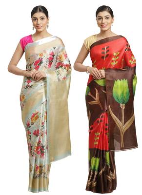 Multicolor printed art silk saree with blouse 1