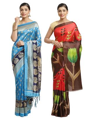 Multicolor printed art silk saree with blouse 1