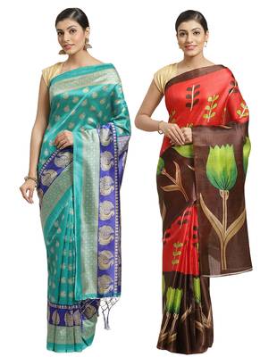 Multicolor printed art silk saree with blouse 1