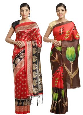 Multicolor printed art silk saree with blouse 1