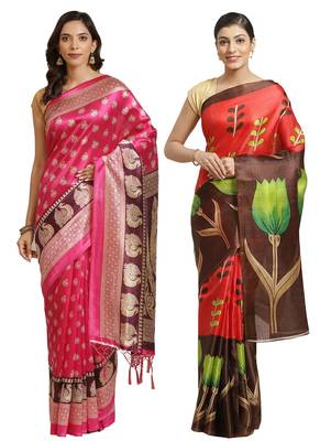 Multicolor printed art silk saree with blouse 1