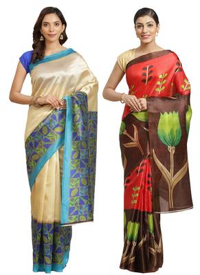 Multicolor printed art silk saree with blouse 1