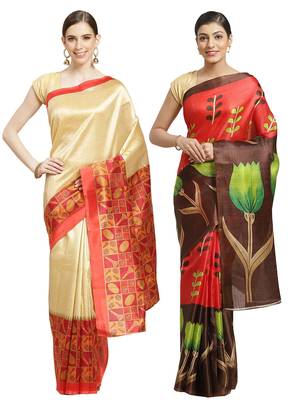 Multicolor printed art silk saree with blouse 1