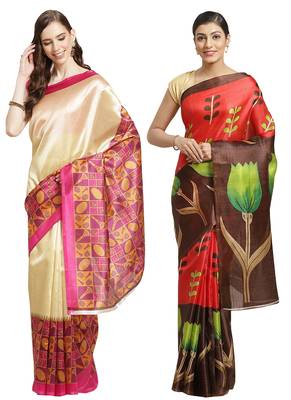 Multicolor printed art silk saree with blouse 1