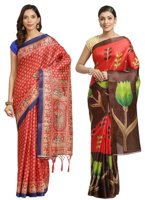 Multicolor printed art silk saree with blouse 1
