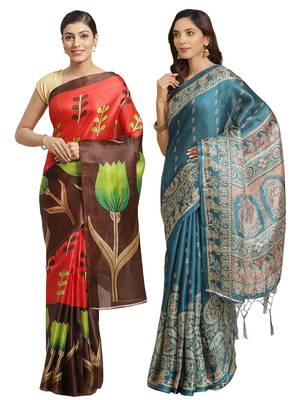Multicolor printed art silk saree with blouse 1