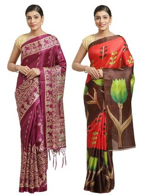 Multicolor printed art silk saree with blouse 1
