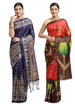 Multicolor printed art silk saree with blouse 1