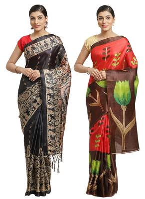 Multicolor printed art silk saree with blouse 1