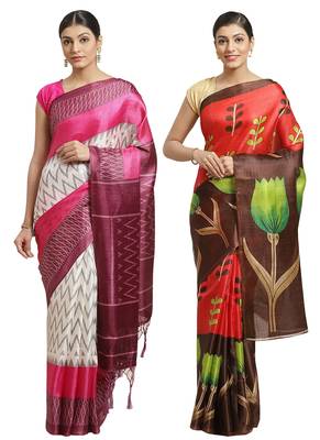 Multicolor printed art silk saree with blouse 1