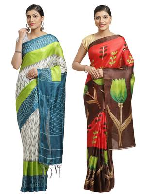Multicolor printed art silk saree with blouse 1