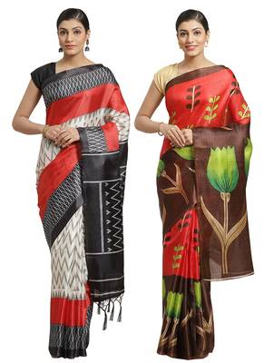Multicolor printed art silk saree with blouse 1