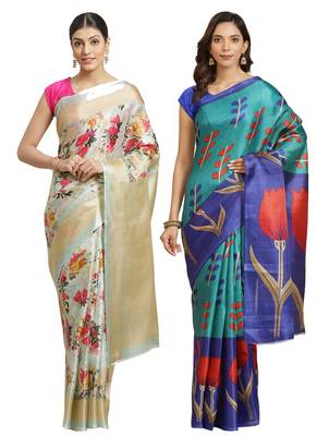 Multicolor printed art silk saree with blouse 1
