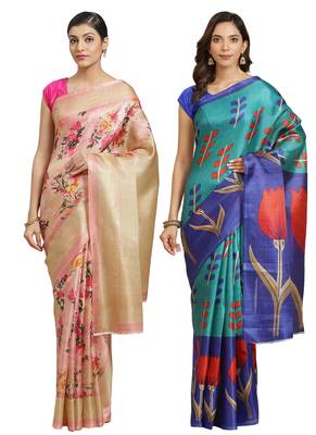 Multicolor printed art silk saree with blouse 1