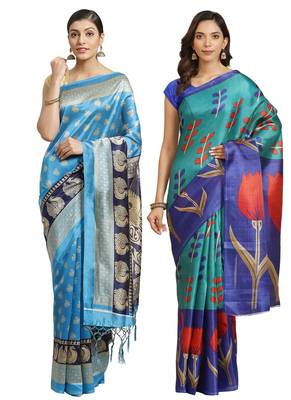 Multicolor printed art silk saree with blouse 1