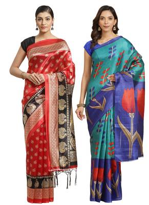 Multicolor printed art silk saree with blouse 1