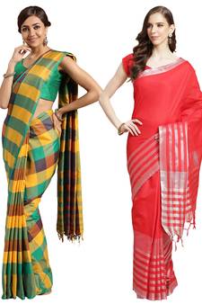Multicolor woven blended cotton saree with blouse