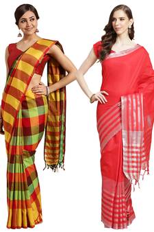 Multicolor woven blended cotton saree with blouse