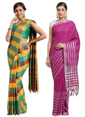 Multicolor woven blended cotton saree with blouse 1