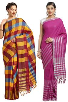 Multicolor woven blended cotton saree with blouse