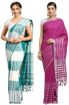 Multicolor woven blended cotton saree with blouse