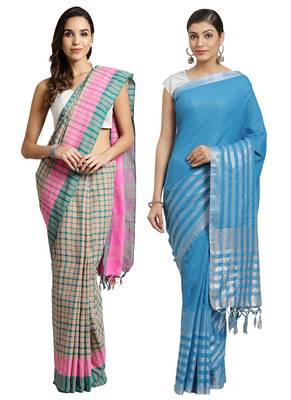 Multicolor woven blended cotton saree with blouse 1