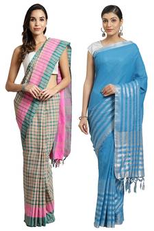 Multicolor woven blended cotton saree with blouse