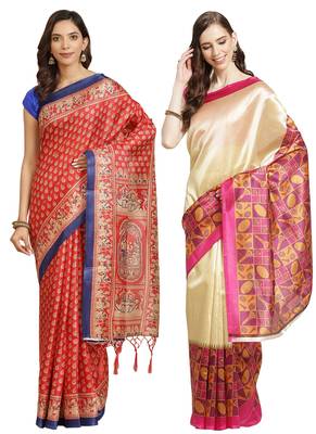 Multicolor printed art silk saree with blouse 1