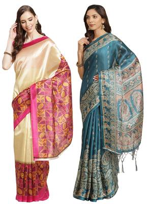 Multicolor printed art silk saree with blouse 1
