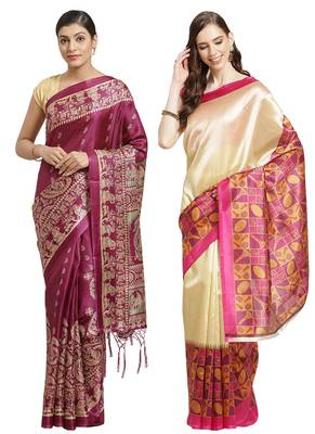 Multicolor printed art silk saree with blouse 1