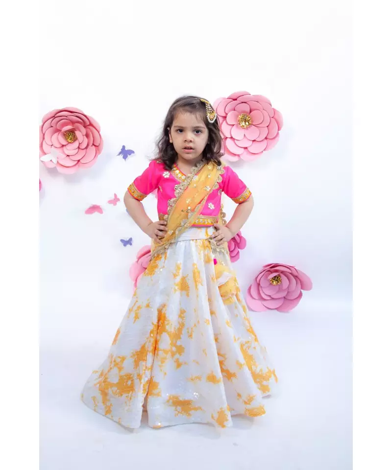 White Sequence Lehenga with Hot Pink choli and Dupatta