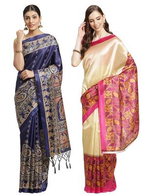 Multicolor printed art silk saree with blouse 1