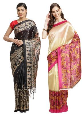 Multicolor printed art silk saree with blouse 1
