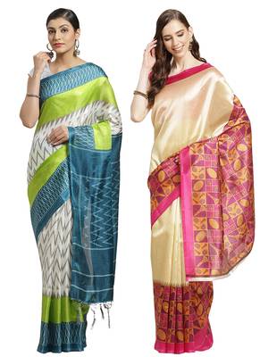 Multicolor printed art silk saree with blouse 1