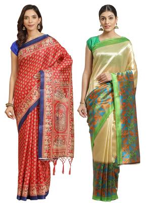 Multicolor printed art silk saree with blouse 1