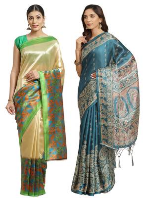 Multicolor printed art silk saree with blouse 1