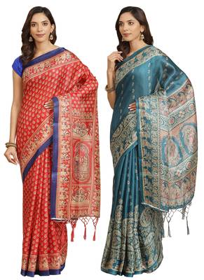 Multicolor printed art silk saree with blouse 1