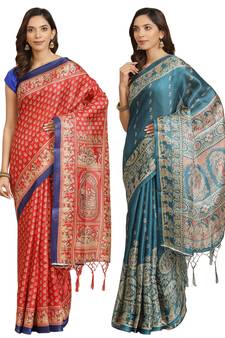 Multicolor printed art silk saree with blouse