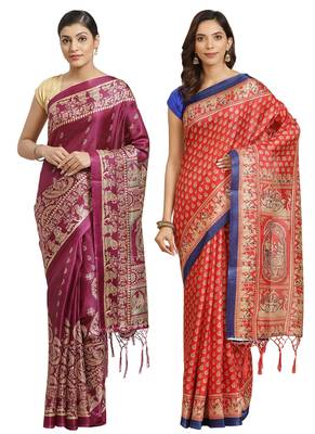 Multicolor printed art silk saree with blouse 1
