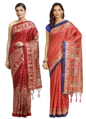 Multicolor printed art silk saree with blouse 1