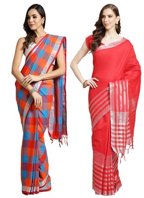 Multicolor woven blended cotton saree with blouse 1